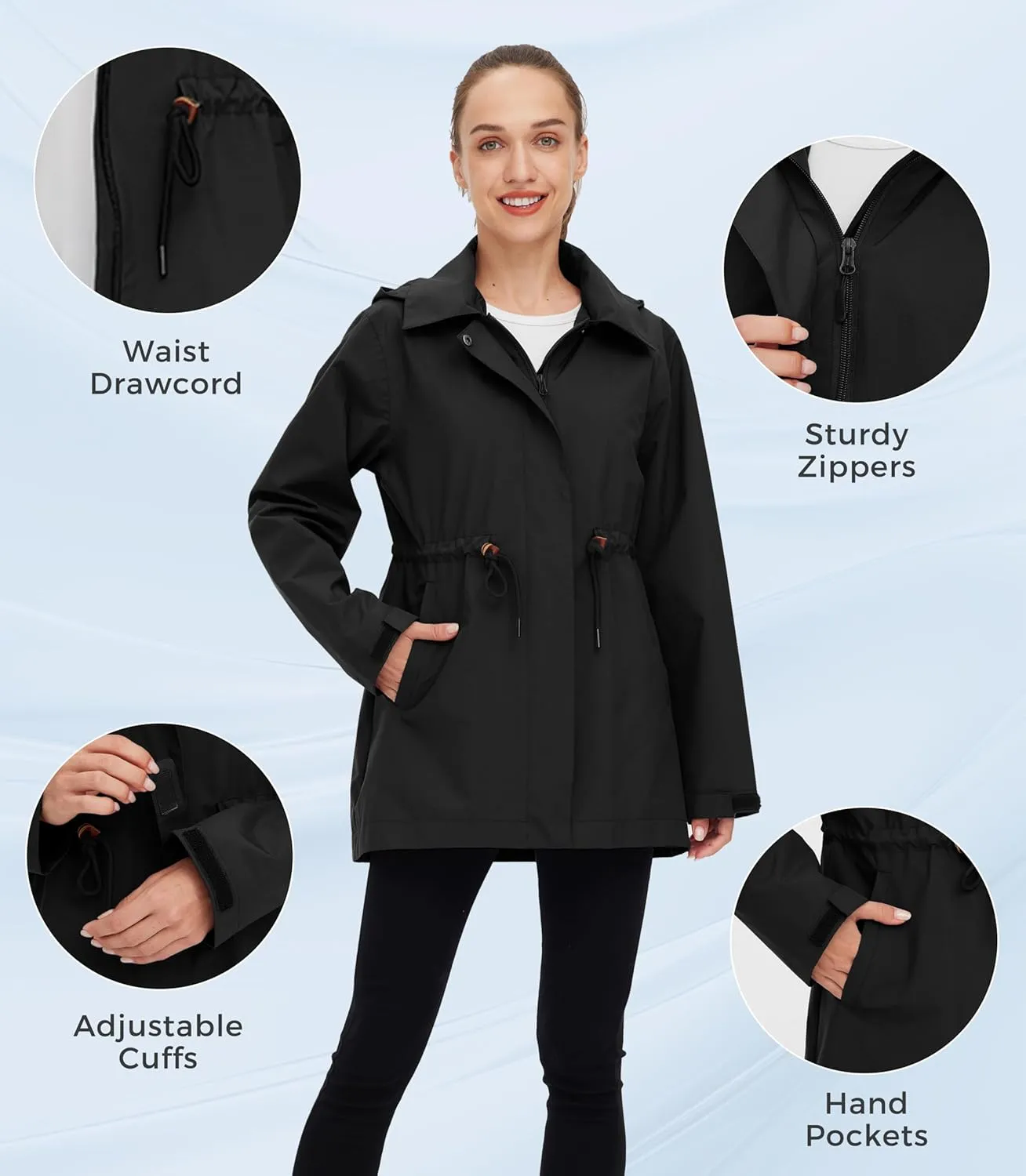 wantdo Women's Waterproof Long Raincoats Lightweight Rain Jacket Hooded Trench Coats Windbproof Jacket