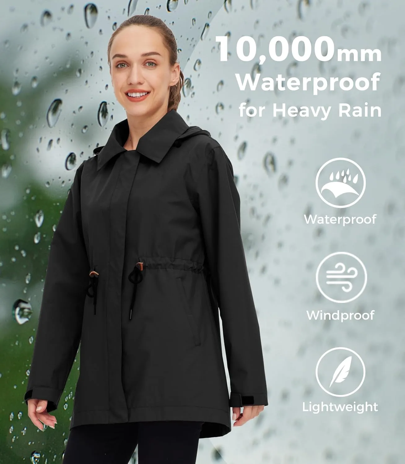 wantdo Women's Waterproof Long Raincoats Lightweight Rain Jacket Hooded Trench Coats Windbproof Jacket