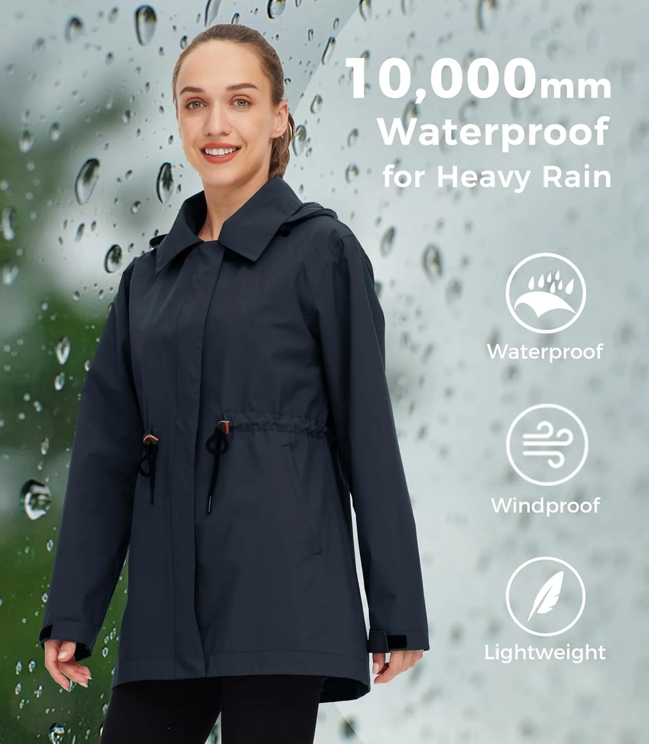 wantdo Women's Waterproof Long Raincoats Lightweight Rain Jacket Hooded Trench Coats Windbproof Jacket