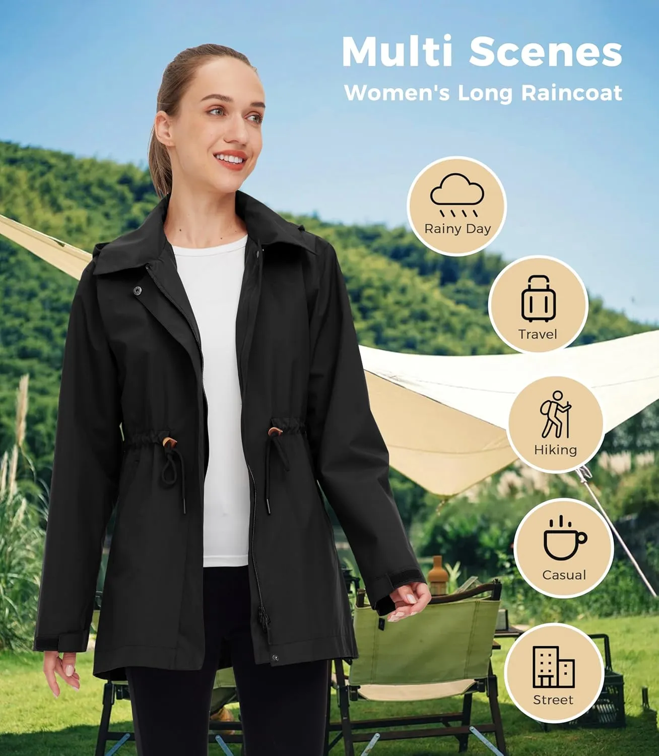 wantdo Women's Waterproof Long Raincoats Lightweight Rain Jacket Hooded Trench Coats Windbproof Jacket