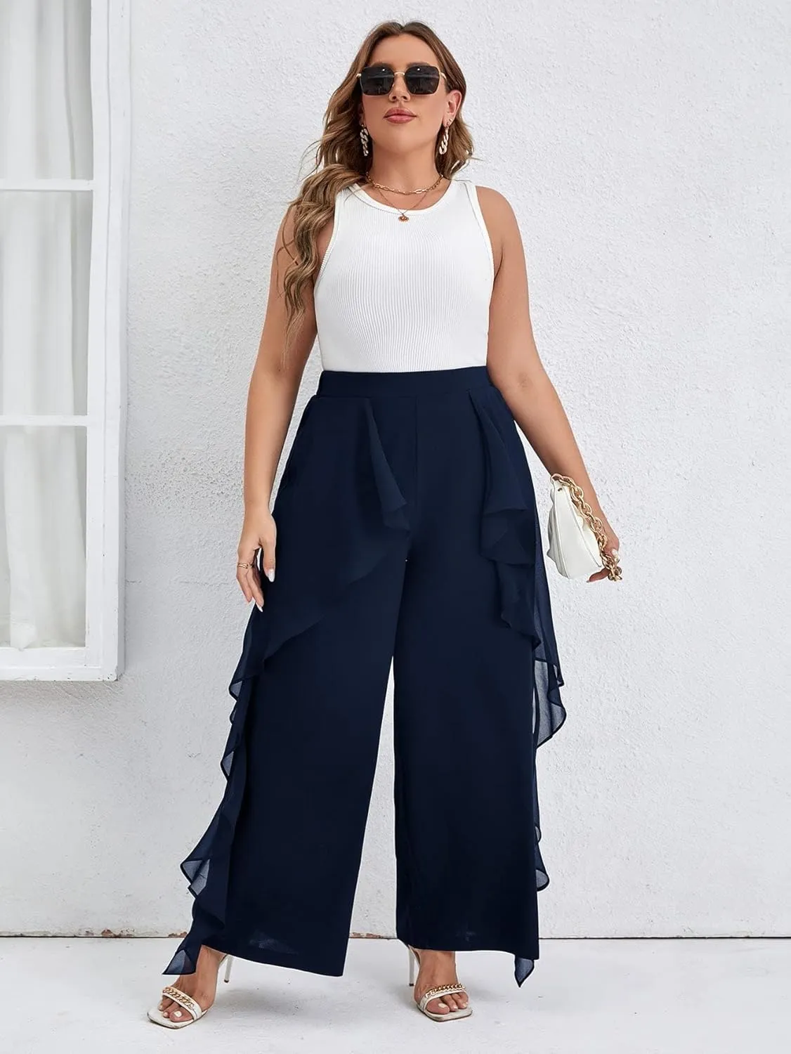 WDIRARA Women's Plus Size Ruffle Trim Elastic Waist Wide Leg Pants Stretch Pants