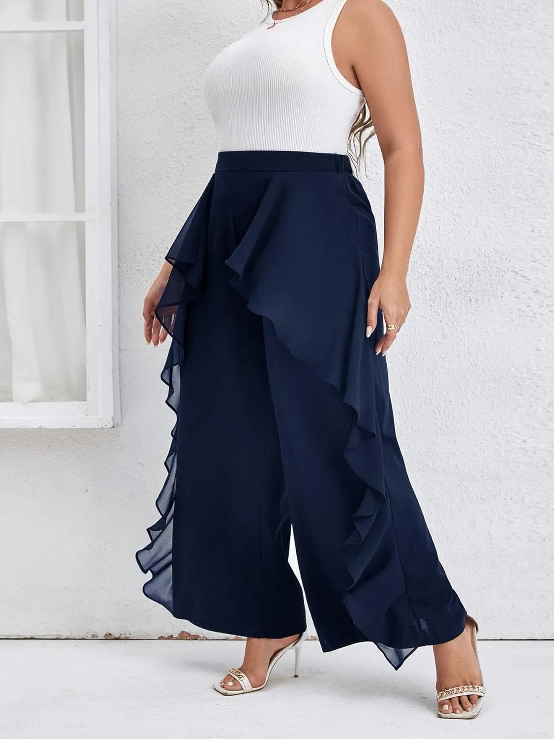WDIRARA Women's Plus Size Ruffle Trim Elastic Waist Wide Leg Pants Stretch Pants