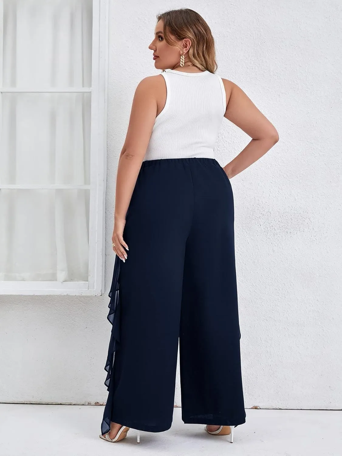 WDIRARA Women's Plus Size Ruffle Trim Elastic Waist Wide Leg Pants Stretch Pants