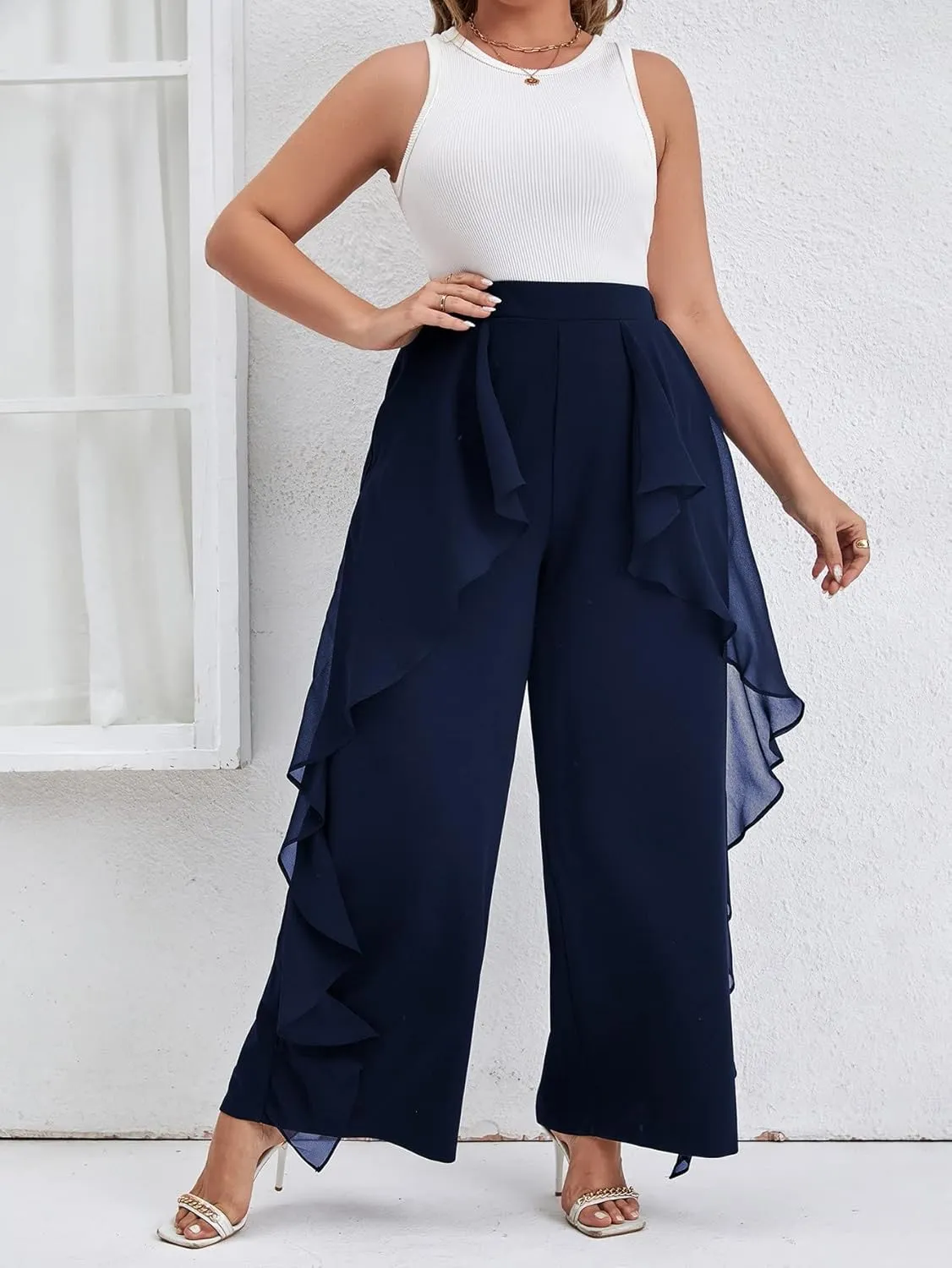 WDIRARA Women's Plus Size Ruffle Trim Elastic Waist Wide Leg Pants Stretch Pants