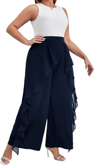 WDIRARA Women's Plus Size Ruffle Trim Elastic Waist Wide Leg Pants Stretch Pants