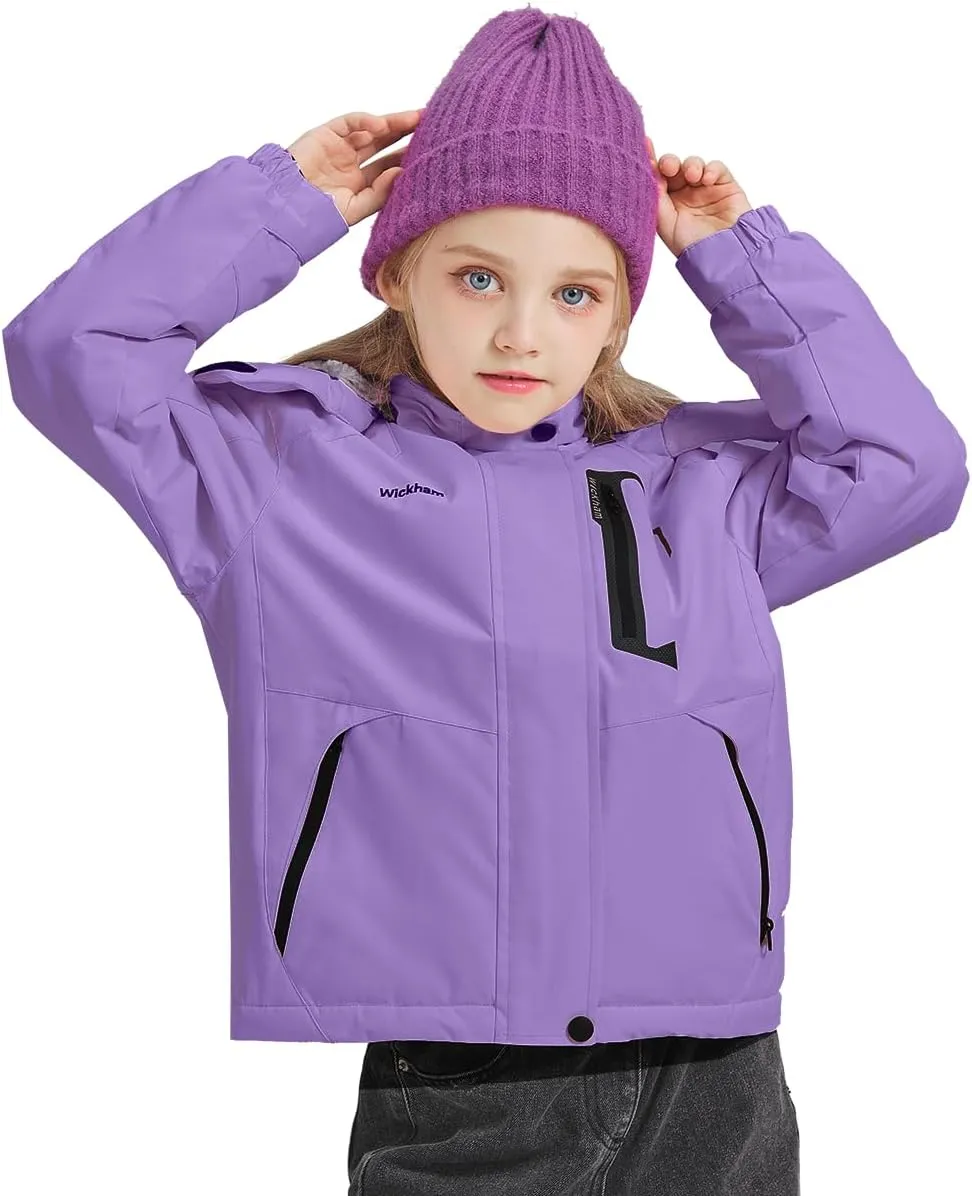 WICKHAM Girl's Waterproof Ski Jacket Winter Warm Fleece Lined Snow Windproof Jackets Removable Hood Ski Coat for Kids