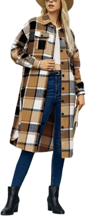 Women Checked Trench Jacket Coat Flannel Long Sleeve Button Down Oversized Jacket Shacket Windproof Windbreaker