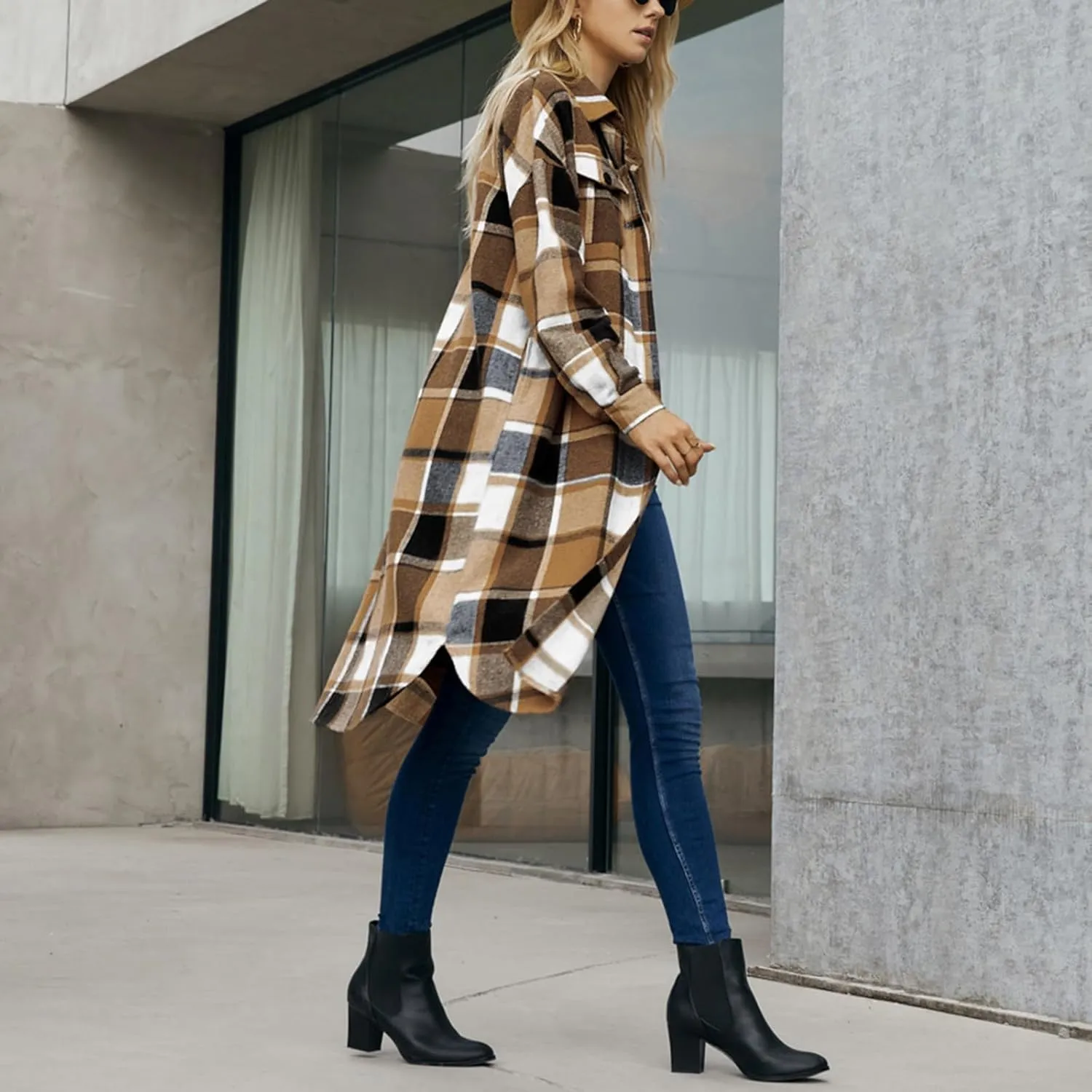 Women Checked Trench Jacket Coat Flannel Long Sleeve Button Down Oversized Jacket Shacket Windproof Windbreaker