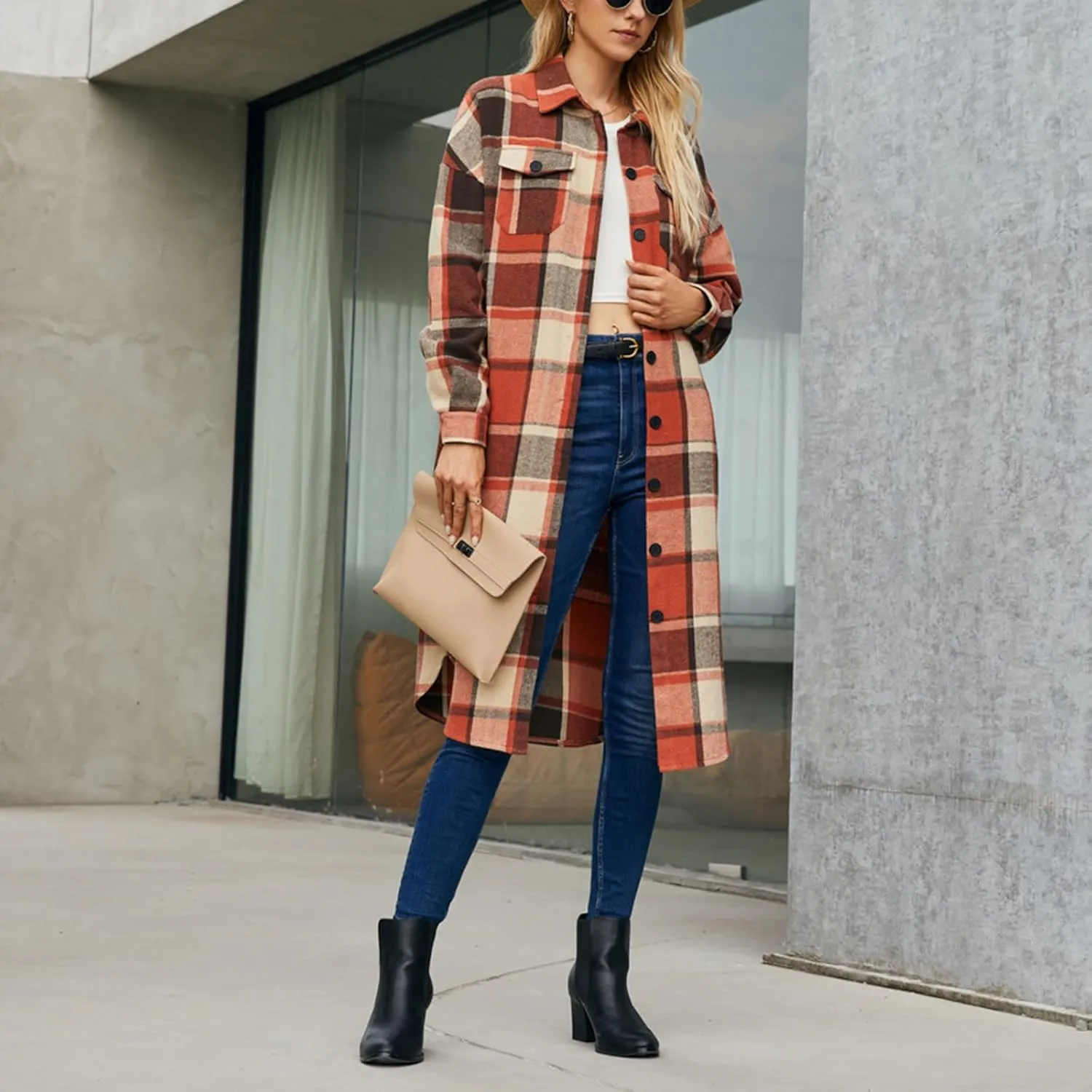 Women Checked Trench Jacket Coat Flannel Long Sleeve Button Down Oversized Jacket Shacket Windproof Windbreaker