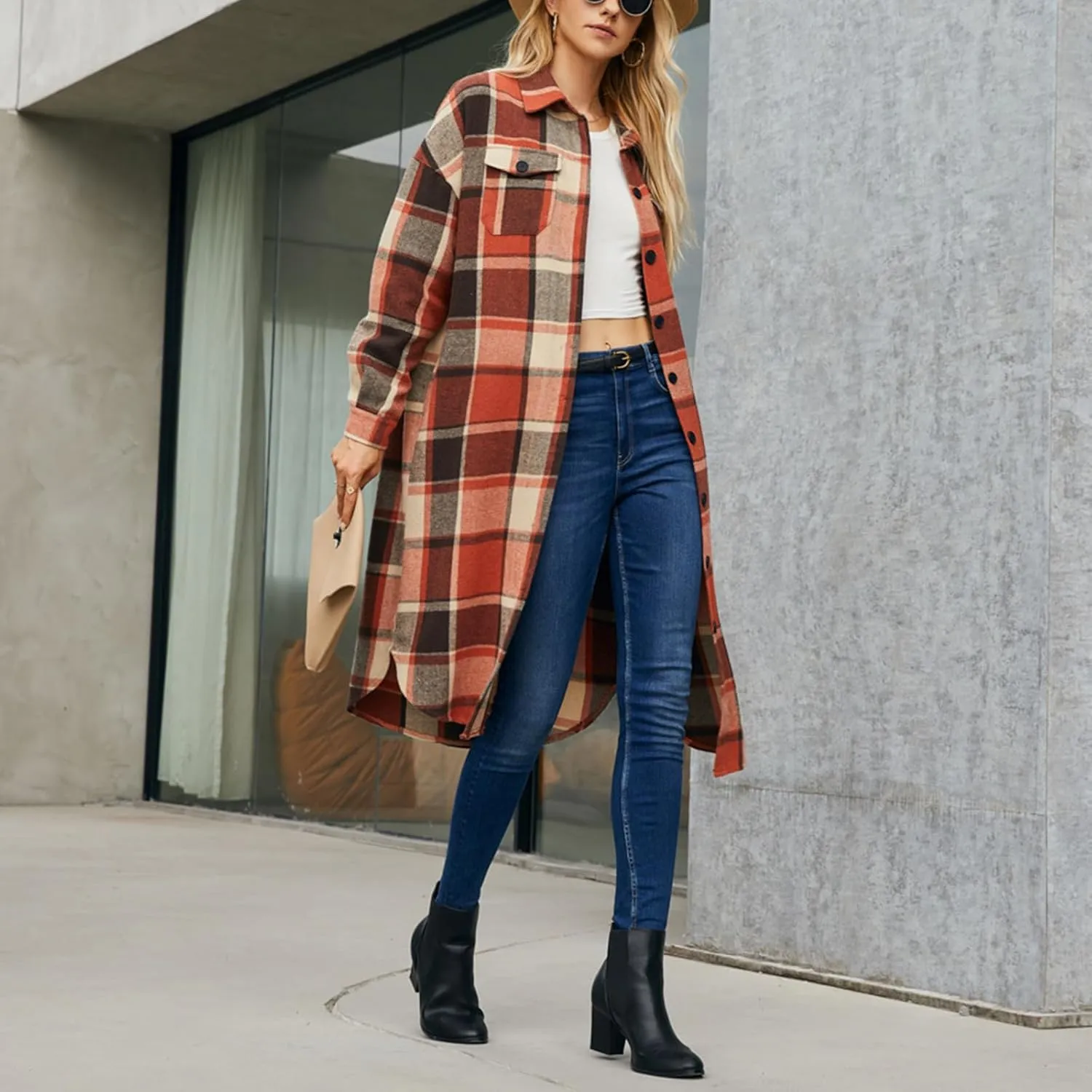 Women Checked Trench Jacket Coat Flannel Long Sleeve Button Down Oversized Jacket Shacket Windproof Windbreaker
