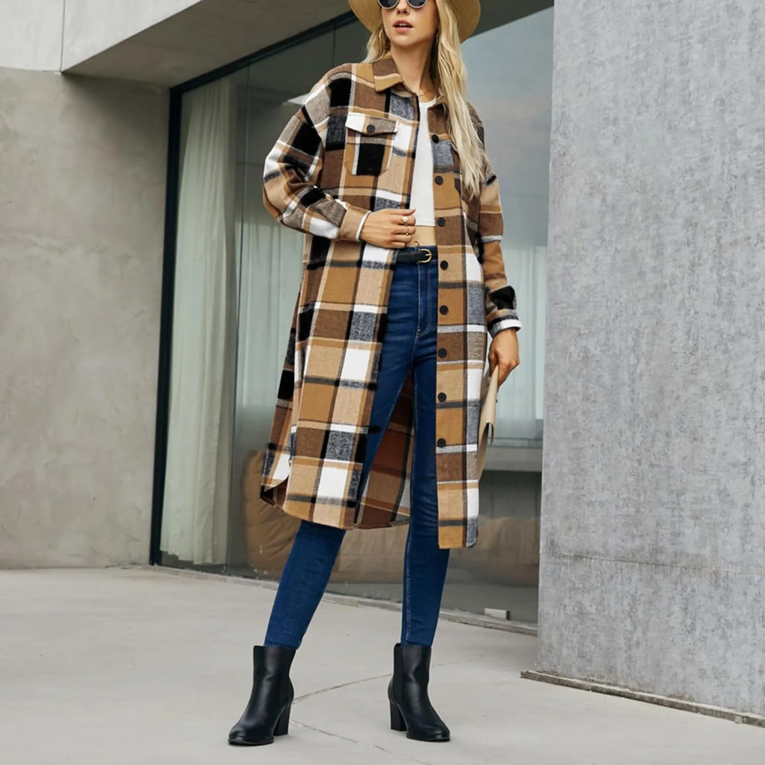 Women Checked Trench Jacket Coat Flannel Long Sleeve Button Down Oversized Jacket Shacket Windproof Windbreaker