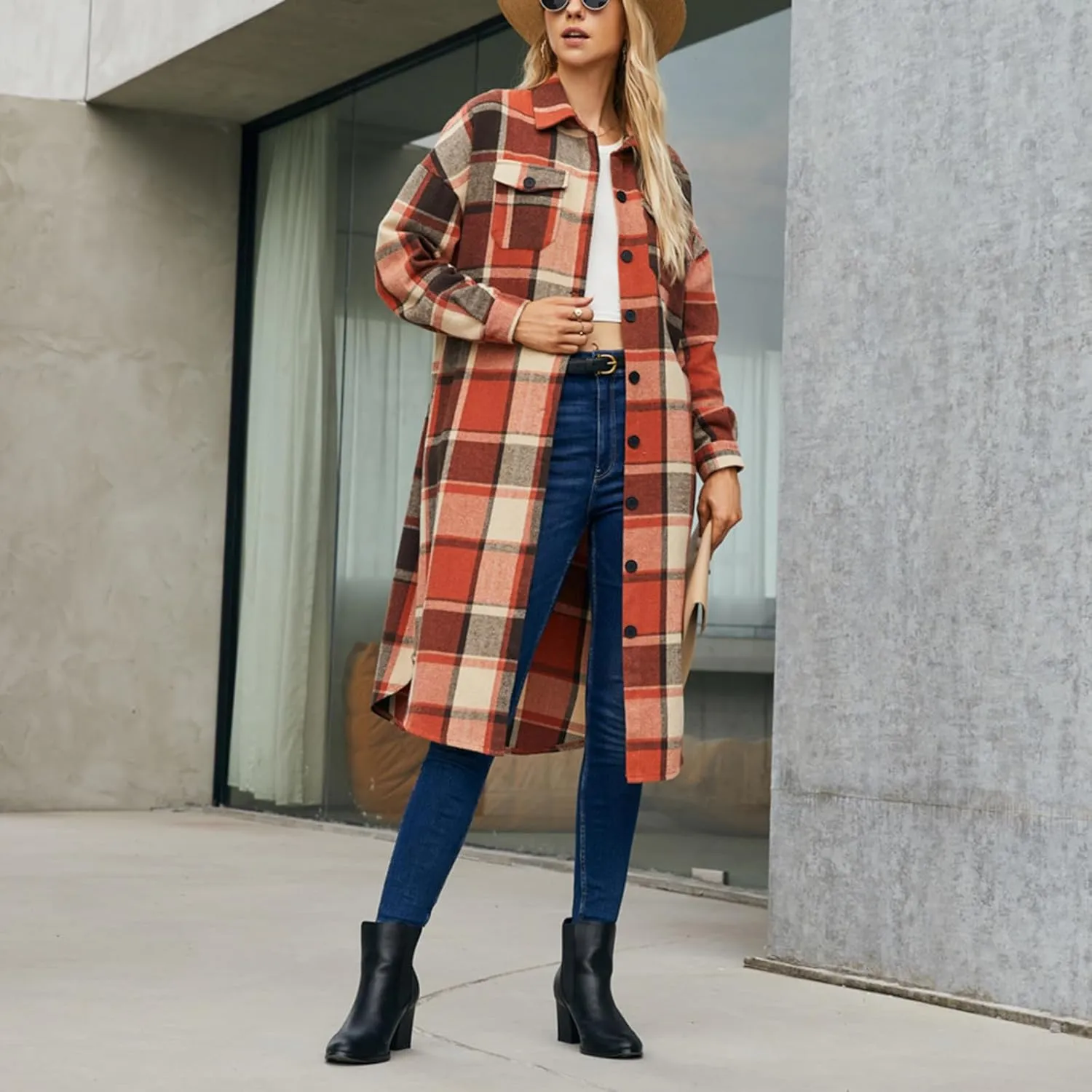 Women Checked Trench Jacket Coat Flannel Long Sleeve Button Down Oversized Jacket Shacket Windproof Windbreaker