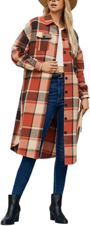 Women Checked Trench Jacket Coat Flannel Long Sleeve Button Down Oversized Jacket Shacket Windproof Windbreaker