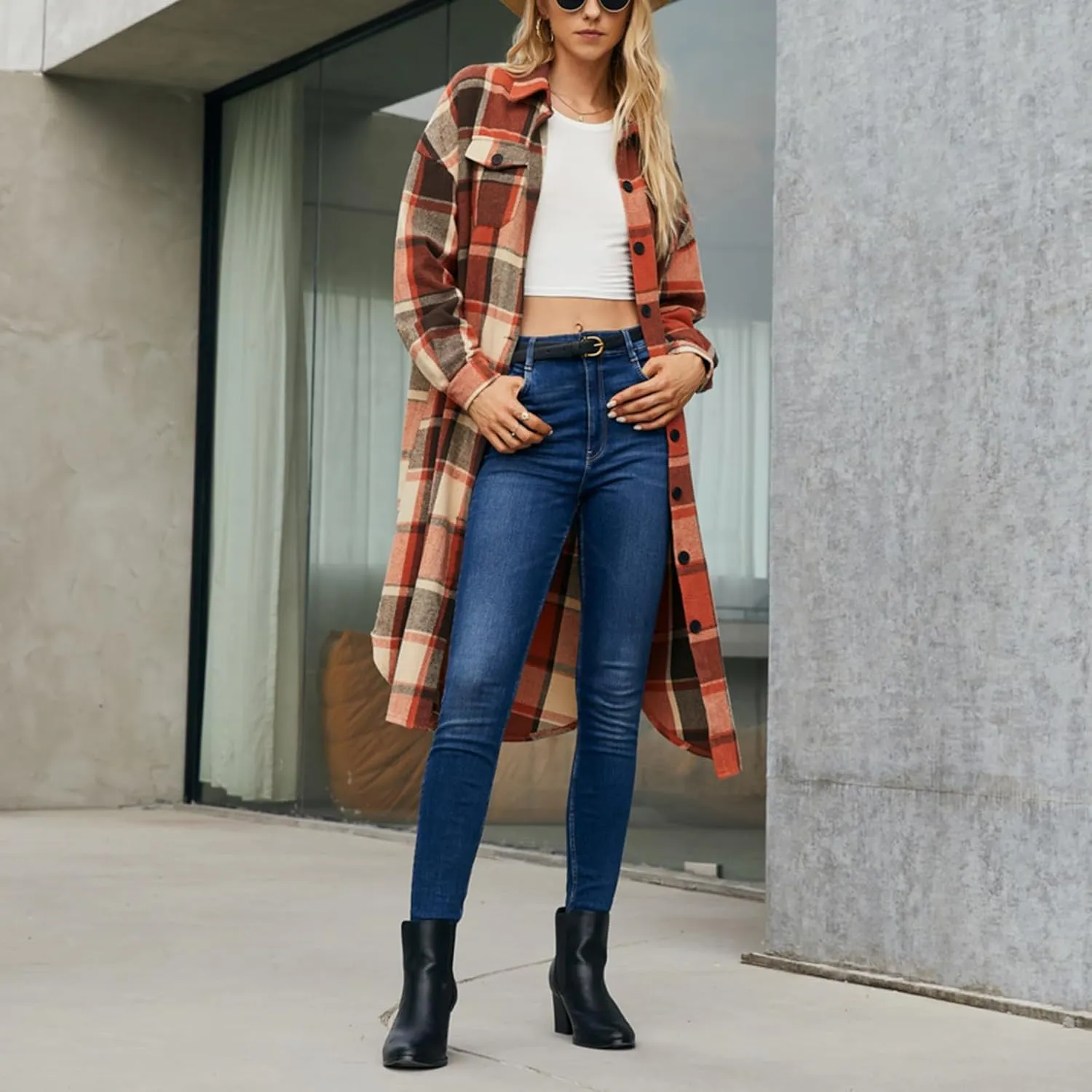 Women Checked Trench Jacket Coat Flannel Long Sleeve Button Down Oversized Jacket Shacket Windproof Windbreaker