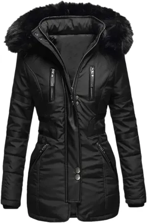 Women Cotton Jacket Padded Plush Hooded Quilted Jacket Waist Tight Winter Coat Casual Slim Coat Hooded Parkas