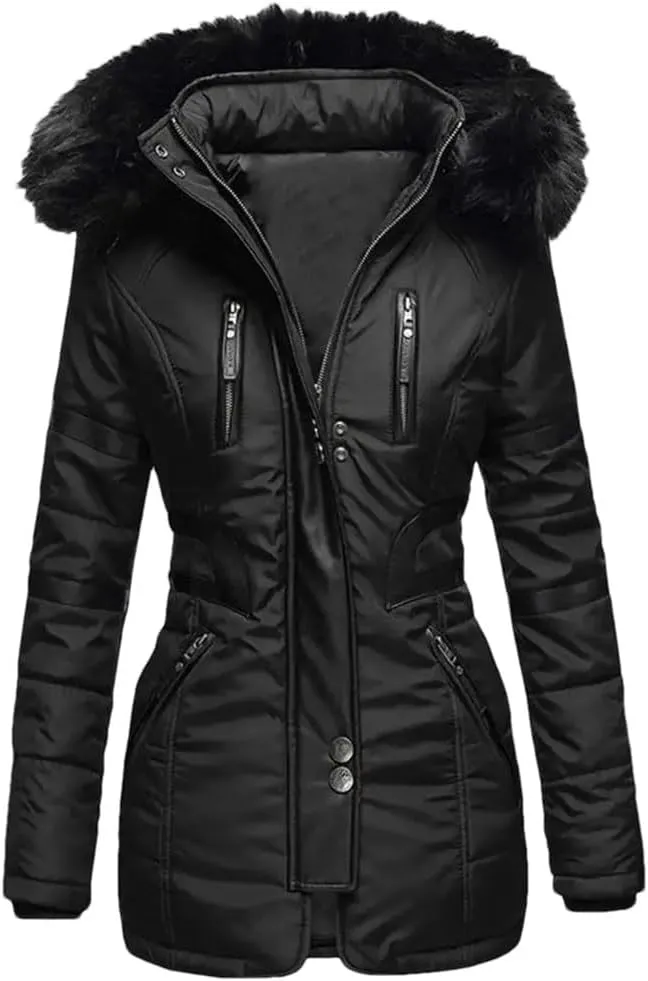 Women Cotton Jacket Padded Plush Hooded Quilted Jacket Waist Tight Winter Coat Casual Slim Coat Hooded Parkas