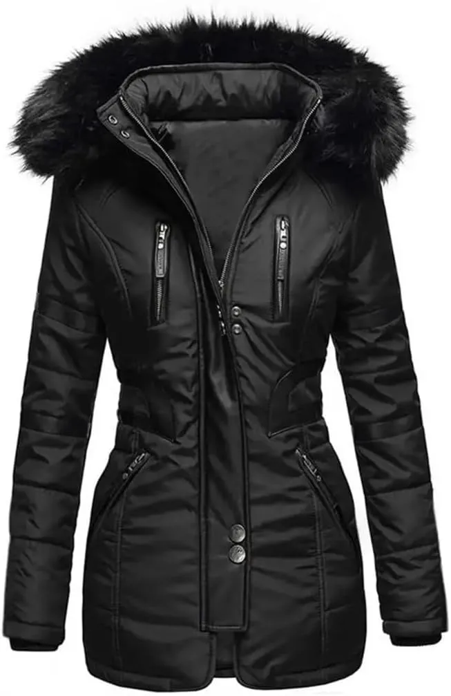 Women Cotton Jacket Padded Plush Hooded Quilted Jacket Waist Tight Winter Coat Casual Slim Coat Hooded Parkas