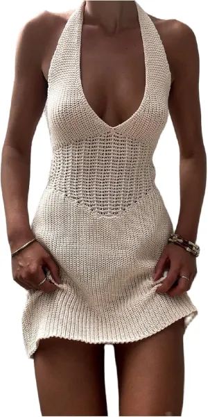 Women Halter Hollow Out Knitted Mini Dress Sexy Cut Out Tie Back Crochet Dresses Y2k Bodycon Summer Beachwear