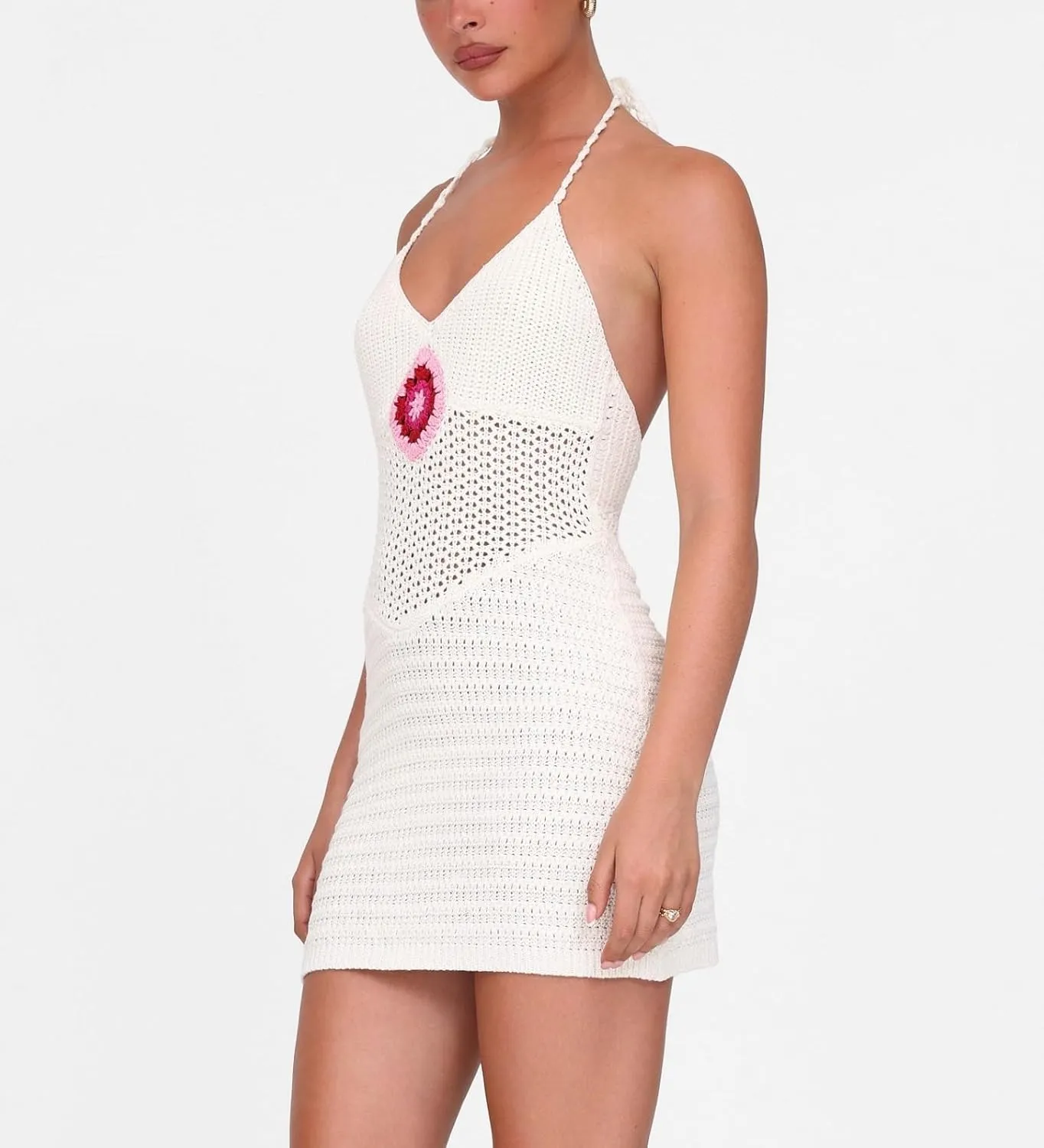 Women Halter Hollow Out Knitted Mini Dress Sexy Cut Out Tie Back Crochet Dresses Y2k Bodycon Summer Beachwear