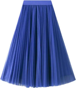 Women High Waist Midi Long Thin A-Line Mesh Pleated Skirts