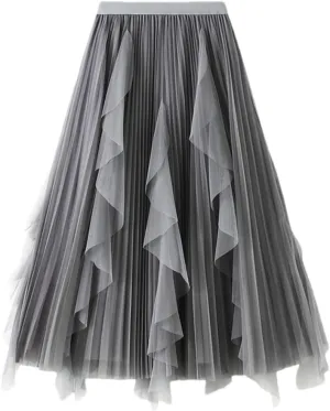 Women Purple Gradient Color Tulle Skirt Midi Long High Waist Pleated Party Skirt