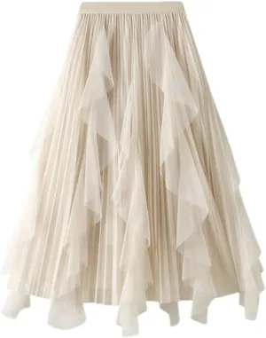 Women Purple Gradient Color Tulle Skirt Midi Long High Waist Pleated Party Skirt