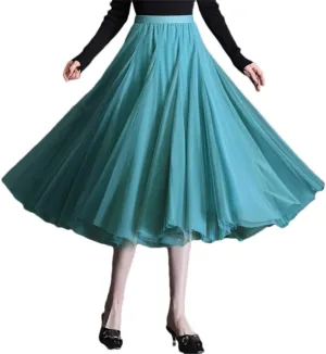 Women Solid Color Midi Long Tulle Skirt Bohemian Party Pleated Skirts