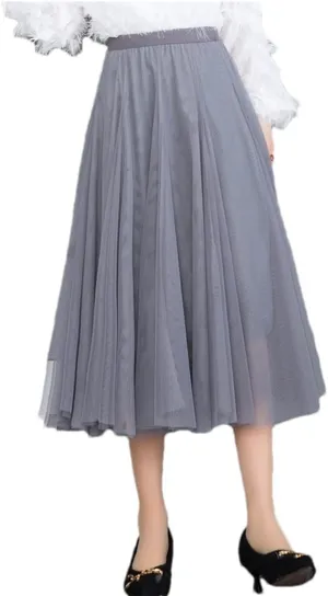 Women Solid Color Midi Long Tulle Skirt Bohemian Party Pleated Skirts