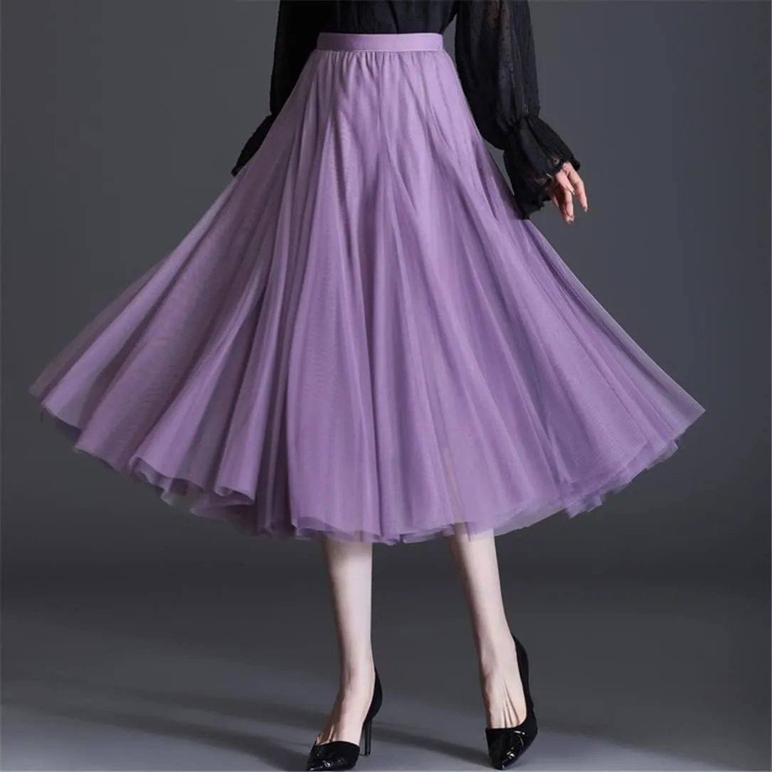 Women Solid Color Midi Long Tulle Skirt Bohemian Party Pleated Skirts