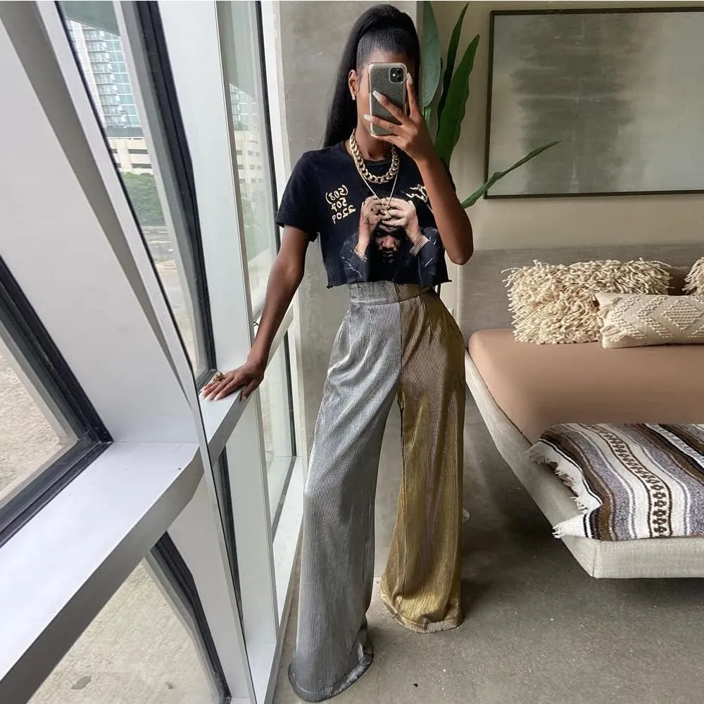 Women Wide Leg Pants Shiny High Waist Flowy Metallic Color Contrast Palazzo Pants Loose Trousers
