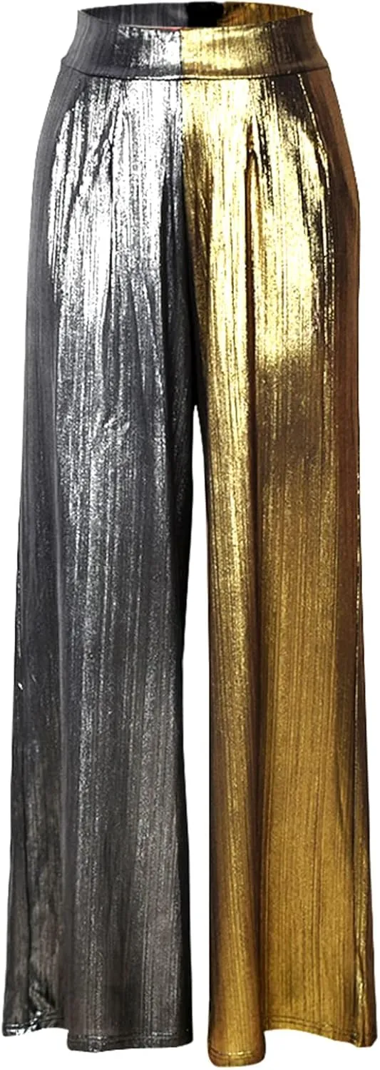 Women Wide Leg Pants Shiny High Waist Flowy Metallic Color Contrast Palazzo Pants Loose Trousers