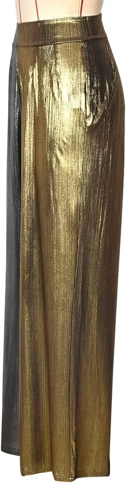Women Wide Leg Pants Shiny High Waist Flowy Metallic Color Contrast Palazzo Pants Loose Trousers