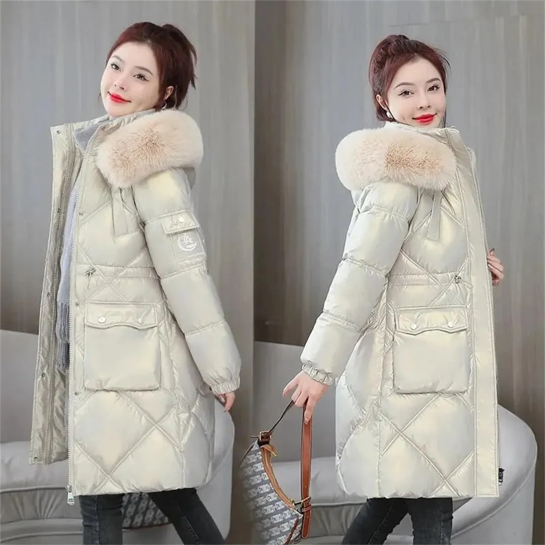 Women Winter Jacket Coat Fur Collar Hooded Overcoat Jacket Thick Warm Cotton Padded Puffer Parka Outwear