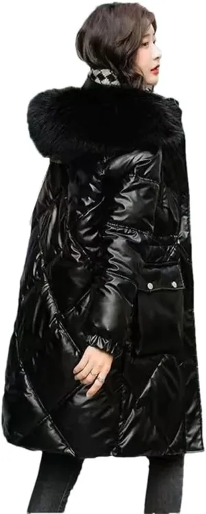 Women Winter Jacket Coat Fur Collar Hooded Overcoat Jacket Thick Warm Cotton Padded Puffer Parka Outwear