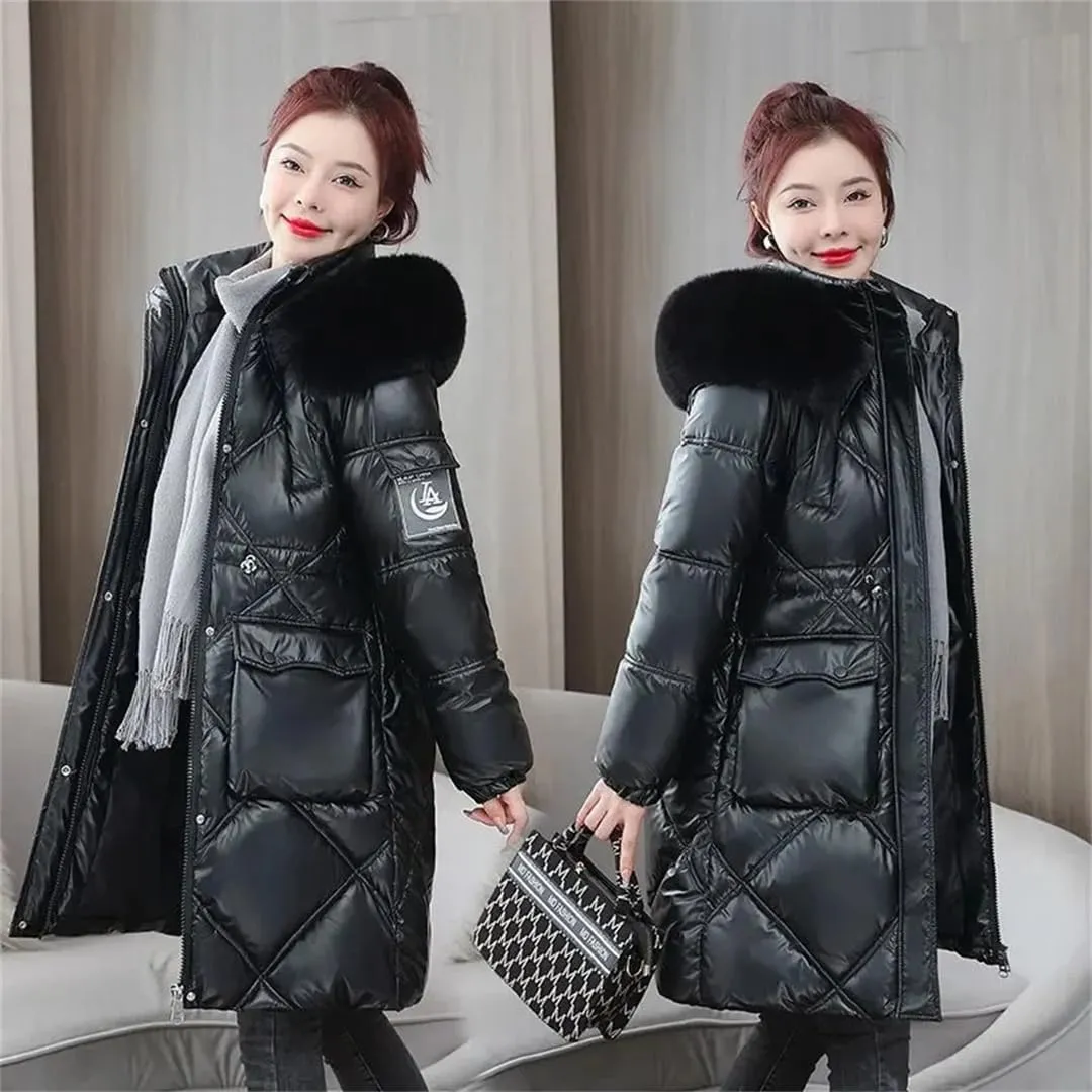 Women Winter Jacket Coat Fur Collar Hooded Overcoat Jacket Thick Warm Cotton Padded Puffer Parka Outwear