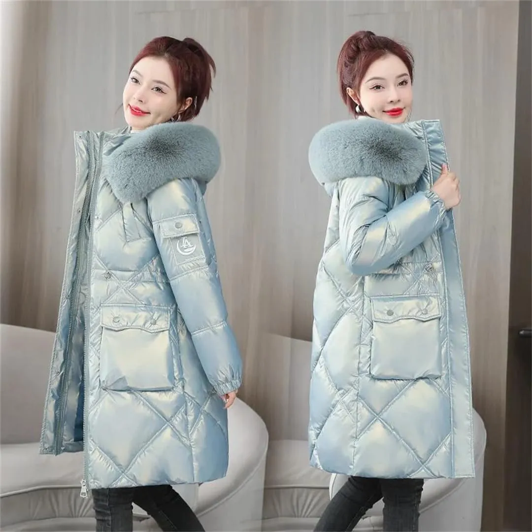 Women Winter Jacket Coat Fur Collar Hooded Overcoat Jacket Thick Warm Cotton Padded Puffer Parka Outwear