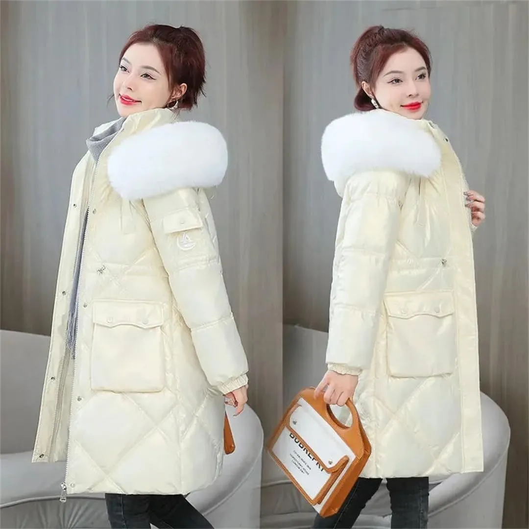 Women Winter Jacket Coat Fur Collar Hooded Overcoat Jacket Thick Warm Cotton Padded Puffer Parka Outwear