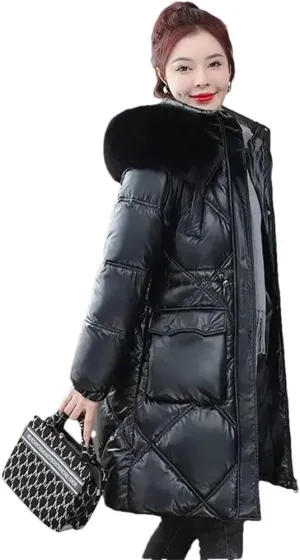 Women Winter Jacket Coat Fur Collar Hooded Overcoat Jacket Thick Warm Cotton Padded Puffer Parka Outwear