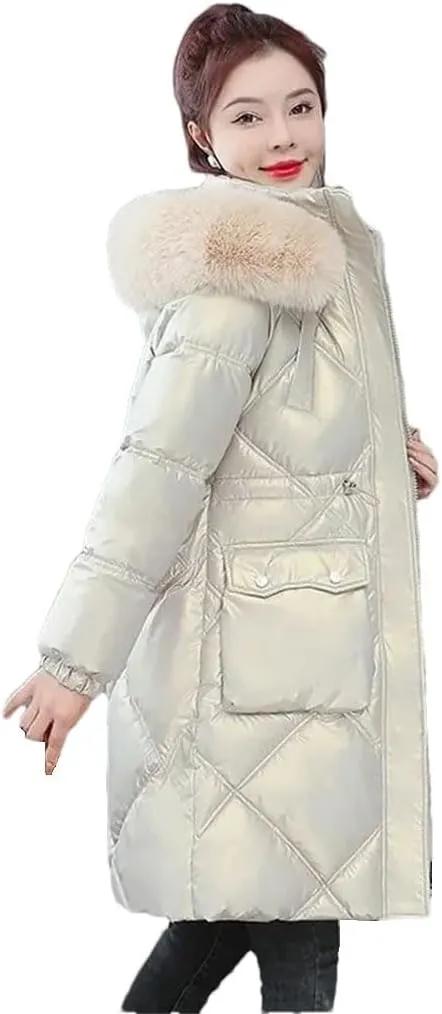 Women Winter Jacket Coat Fur Collar Hooded Overcoat Jacket Thick Warm Cotton Padded Puffer Parka Outwear