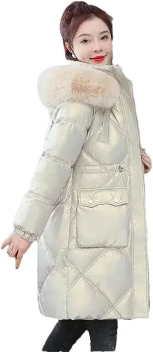 Women Winter Jacket Coat Fur Collar Hooded Overcoat Jacket Thick Warm Cotton Padded Puffer Parka Outwear