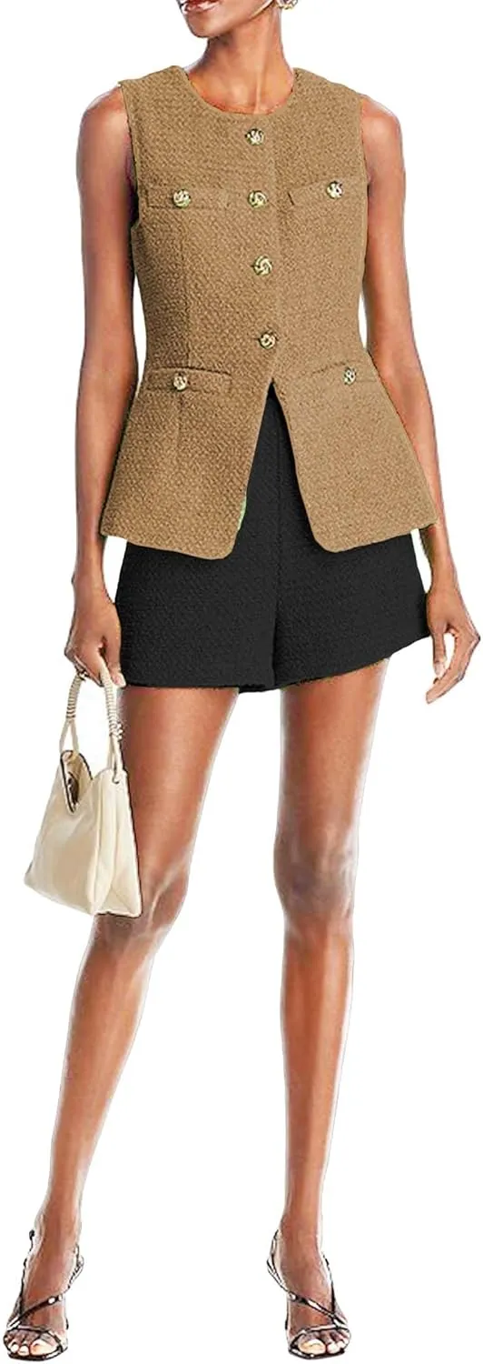 Women's 2025 Summer Tweed Vest Tops Y2K Long Sleeveless Lightweight Fashion Fully-Lined Elegant Casual with Pockets