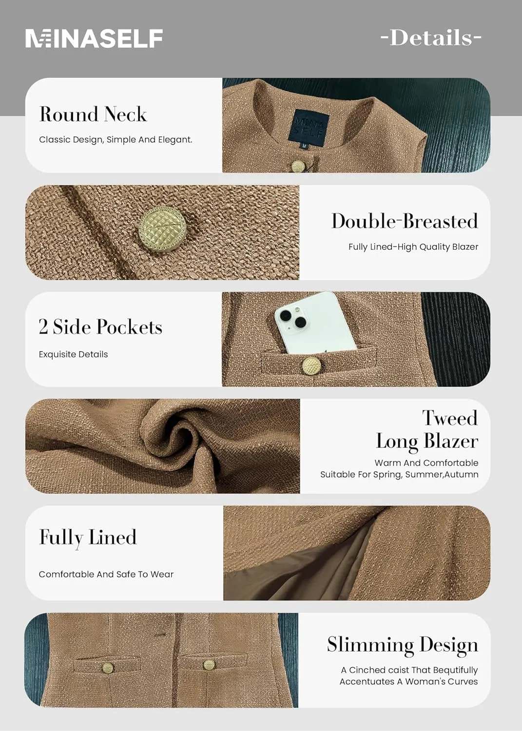 Women's 2025 Summer Tweed Vest Tops Y2K Long Sleeveless Lightweight Fashion Fully-Lined Elegant Casual with Pockets