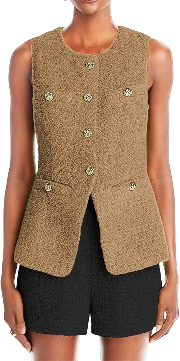 Women's 2025 Summer Tweed Vest Tops Y2K Long Sleeveless Lightweight Fashion Fully-Lined Elegant Casual with Pockets