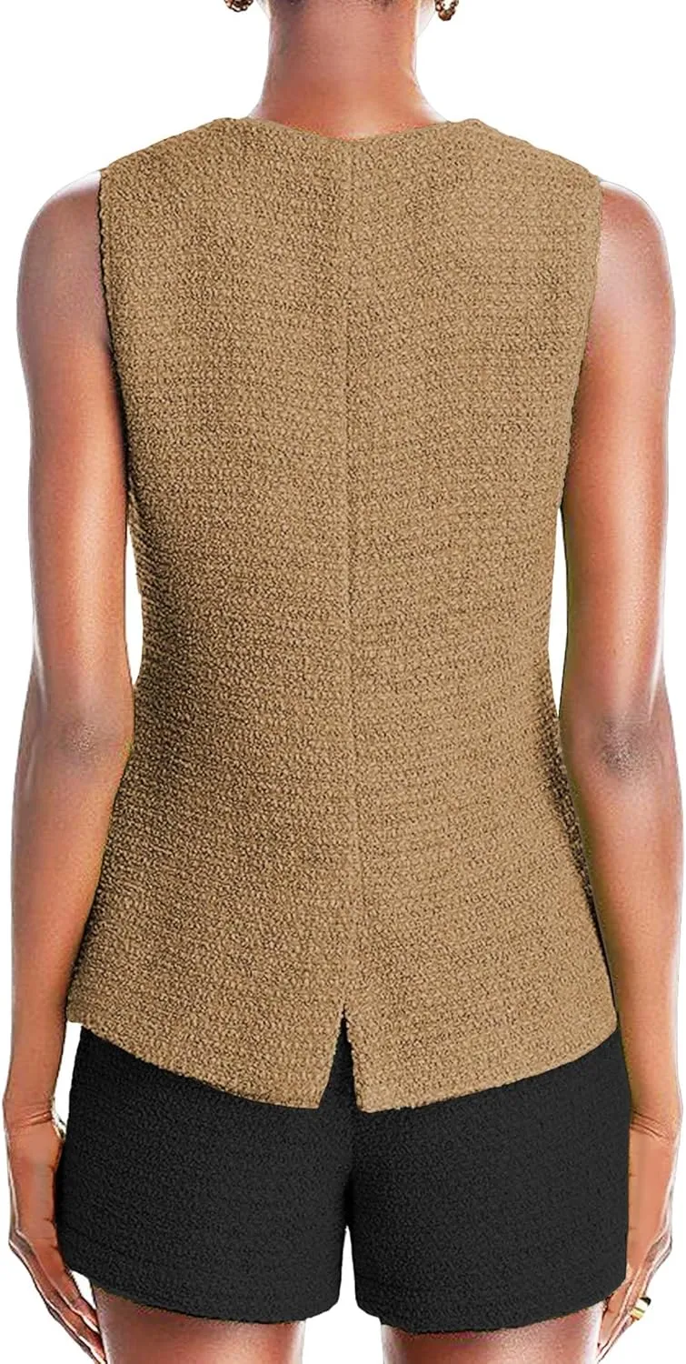Women's 2025 Summer Tweed Vest Tops Y2K Long Sleeveless Lightweight Fashion Fully-Lined Elegant Casual with Pockets