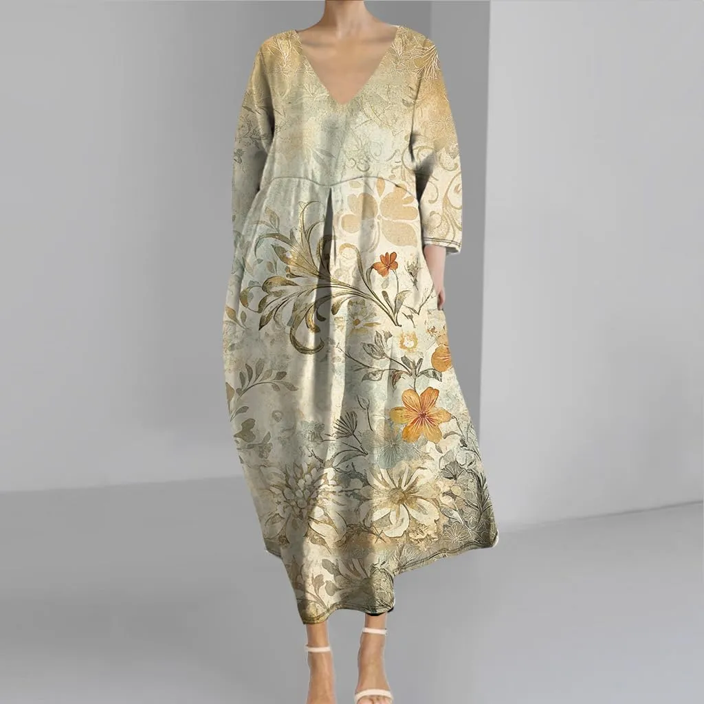 Womens Boho Floral Plus Size Midi Dresses Casual 3/4 Sleeve V Neck Dress Flowy Spring Summer Dresses with Pockets