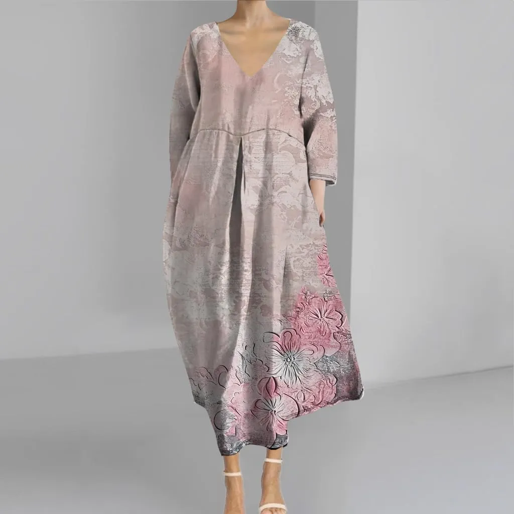Womens Boho Floral Plus Size Midi Dresses Casual 3/4 Sleeve V Neck Dress Flowy Spring Summer Dresses with Pockets