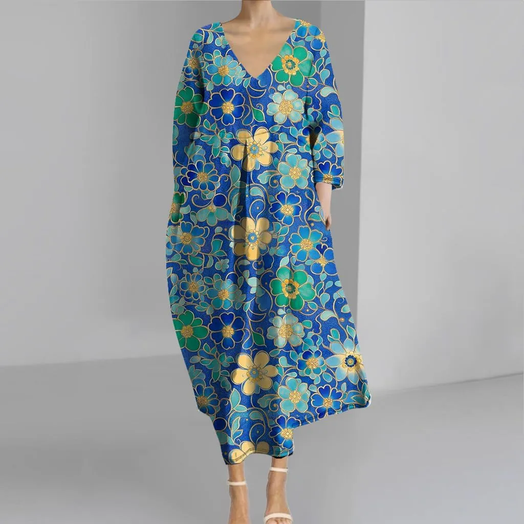 Womens Boho Floral Plus Size Midi Dresses Casual 3/4 Sleeve V Neck Dress Flowy Spring Summer Dresses with Pockets