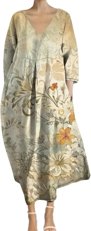 Womens Boho Floral Plus Size Midi Dresses Casual 3/4 Sleeve V Neck Dress Flowy Spring Summer Dresses with Pockets