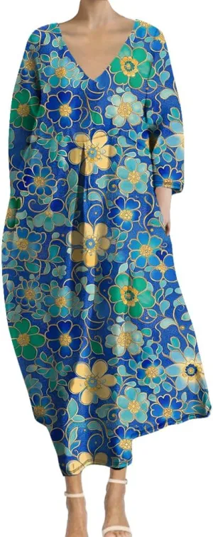Womens Boho Floral Plus Size Midi Dresses Casual 3/4 Sleeve V Neck Dress Flowy Spring Summer Dresses with Pockets
