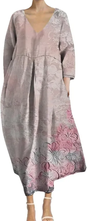 Womens Boho Floral Plus Size Midi Dresses Casual 3/4 Sleeve V Neck Dress Flowy Spring Summer Dresses with Pockets